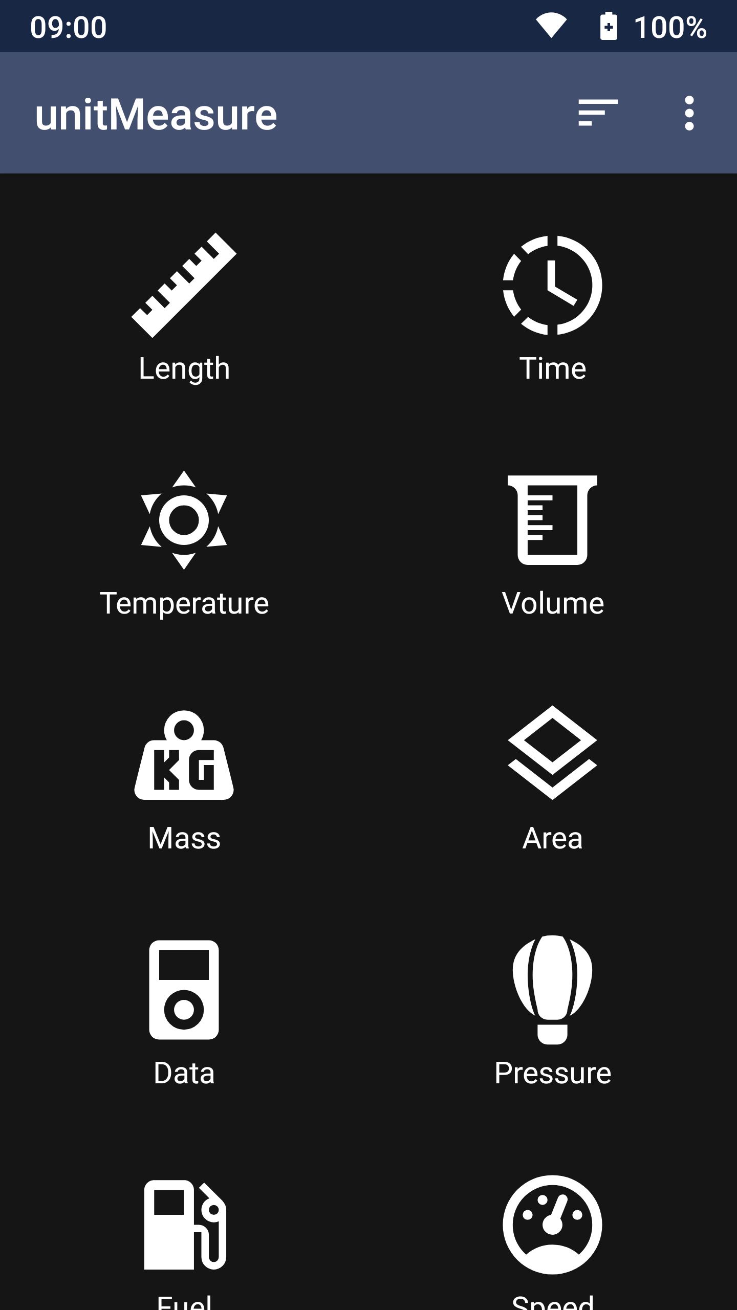 Screenshot of Main Menu in unitMeasure: Offline Converter App